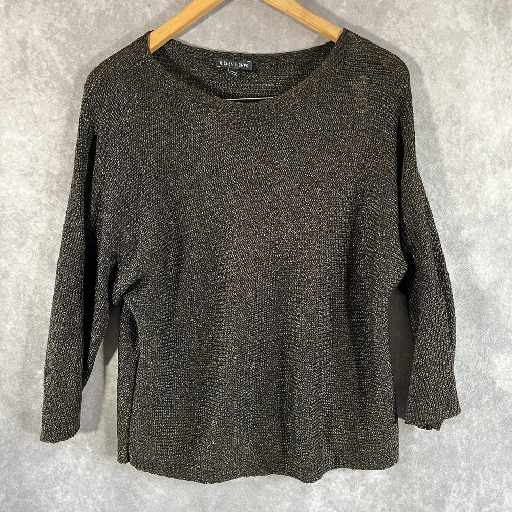 Eileen Fisher Knit Top Women XS Bronze Metallic Linen Blend Box Sweater Slit Slv